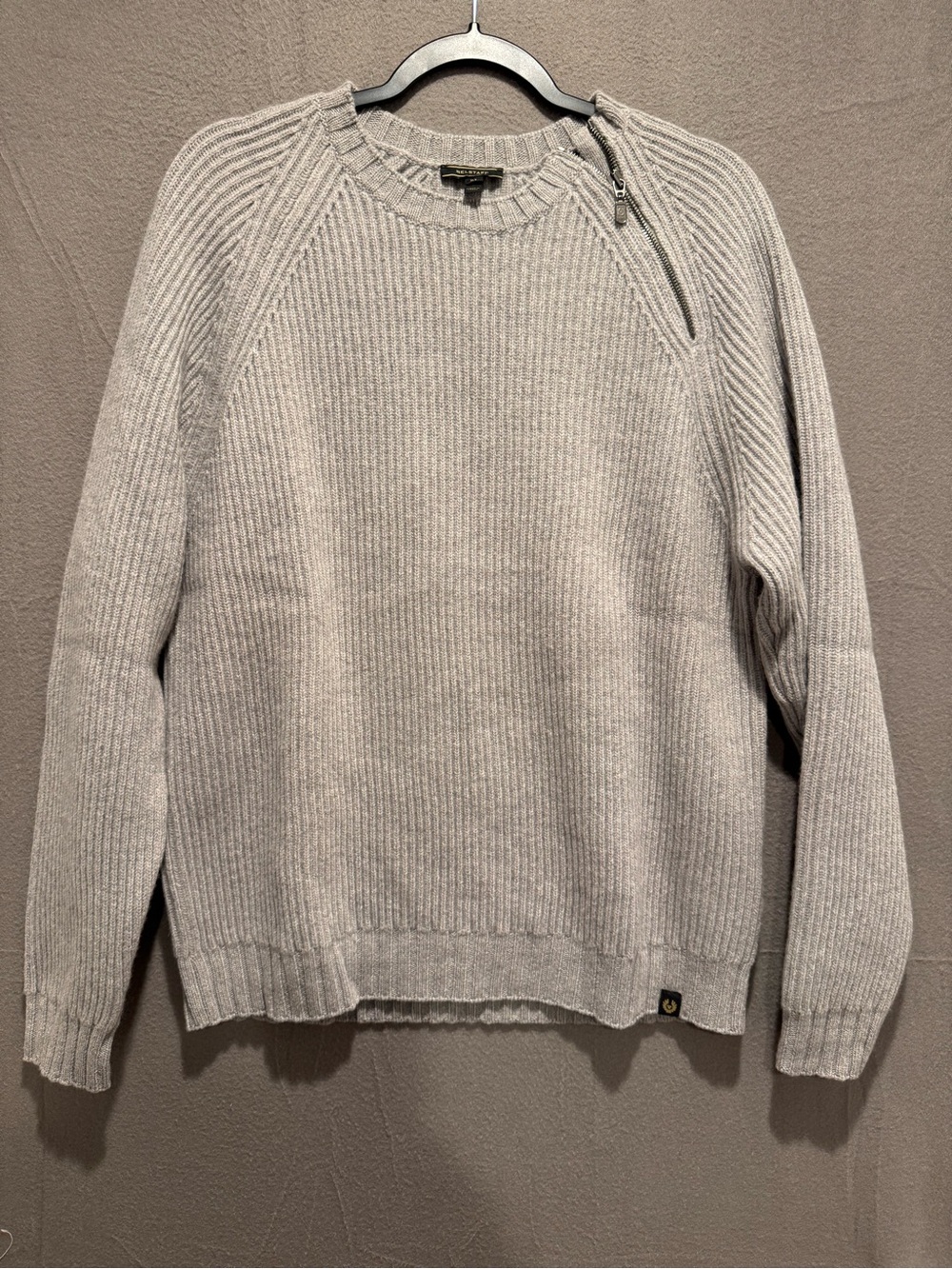 Belstaff Light Grey Ribbed Virgin Wool Crewneck Sweater with Shoulder Zip
